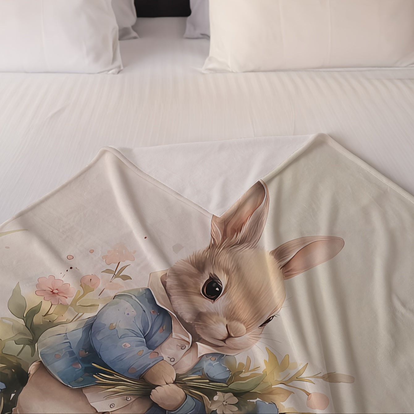 Cozy Cartoon Bunny Printed Blanket - This blanket features a charming cartoon bunny design, perfect for adding a touch of whimsy to any space. Made from soft and warm knit polyester coral fleece, this blanket is ideal for year-round use. The digital