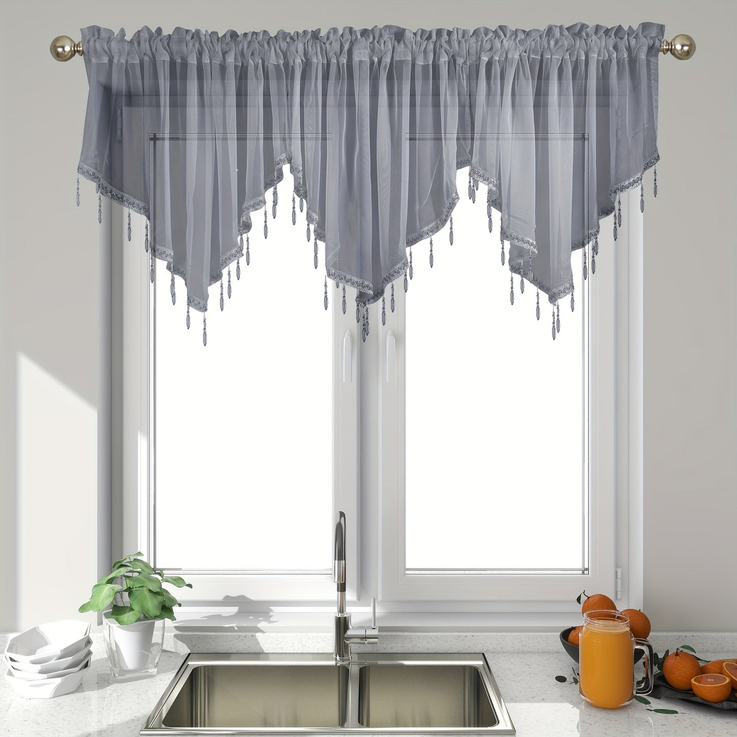 1 Chic Semi-Sheer Triangle Curtain Panel with Tassels - 129.54cm x 60.96cm, Solid Color, Easy Rod Pocket Design for Hanging - Ideal for Kitchen, Living Room, Bedroom - Comes in Various Colors