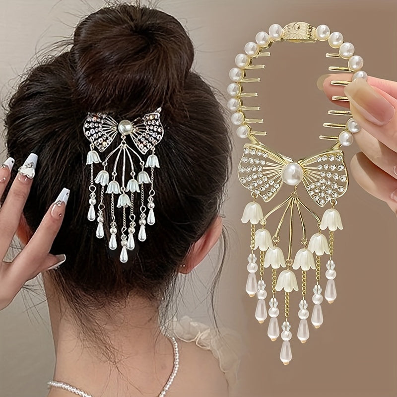 Retro rhinestone and imitation pearl hairpin for bun hairstyles.