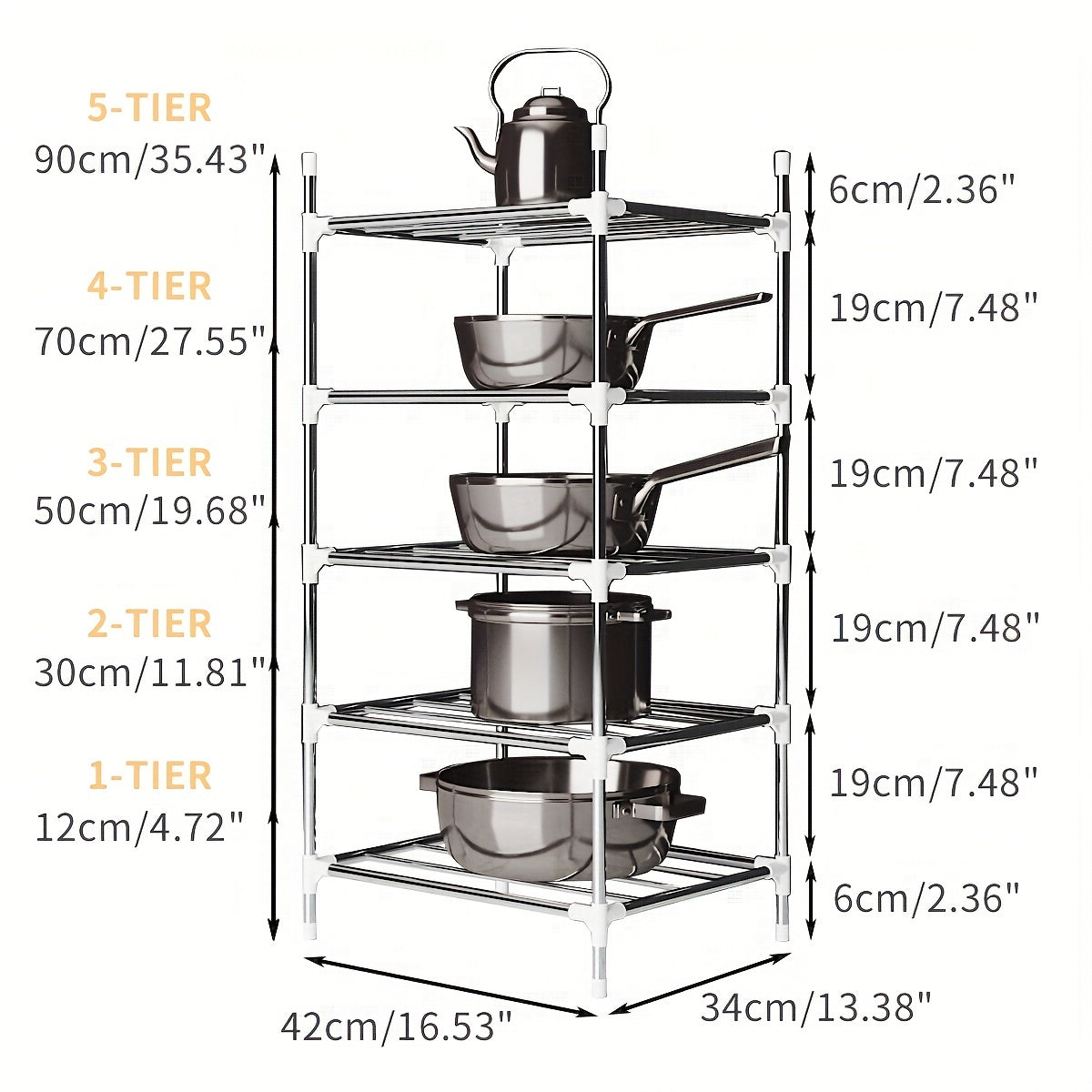 Multi-tier stainless steel storage shelf, ideal for organizing kitchen, bathroom, balcony, and rest room. Perfect for storing cookware, tableware, oven, microwave oven, and basin.