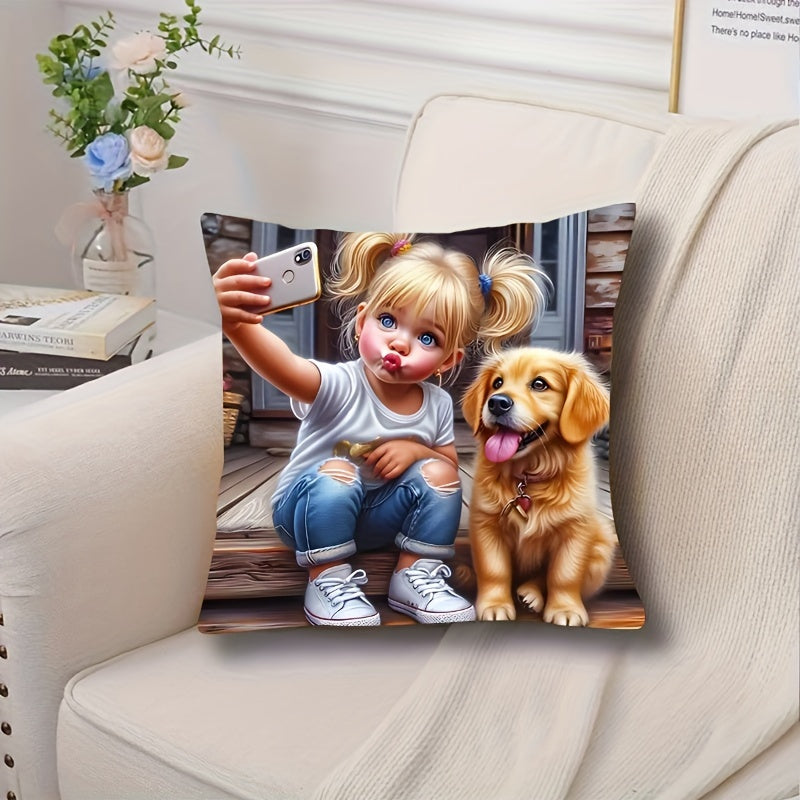 Charming Girl & Dog Print Pillowcase (44.96cm x 44.96cm) - French Style, Machine Washable, Zippered, 100% Polyester - Perfect for Living Room & Bedroom Décor