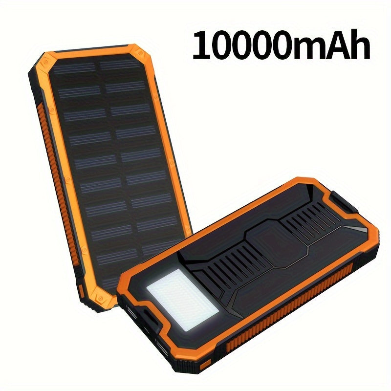 The SolarPower 10000mAh Power Bank is a portable device that features a dual USB charger, LED light, and microusb connector. It is compatible with various devices, operates at a voltage of