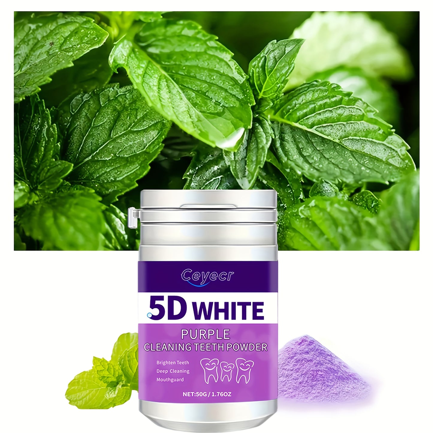 1pc CEYECR 5D White Purple Teeth Whitening Powder - Natural Pearl Formula, 50g - Ideal for Daily Use & Travel, Men & Women, Fresh Breath & Deep Cleaning.