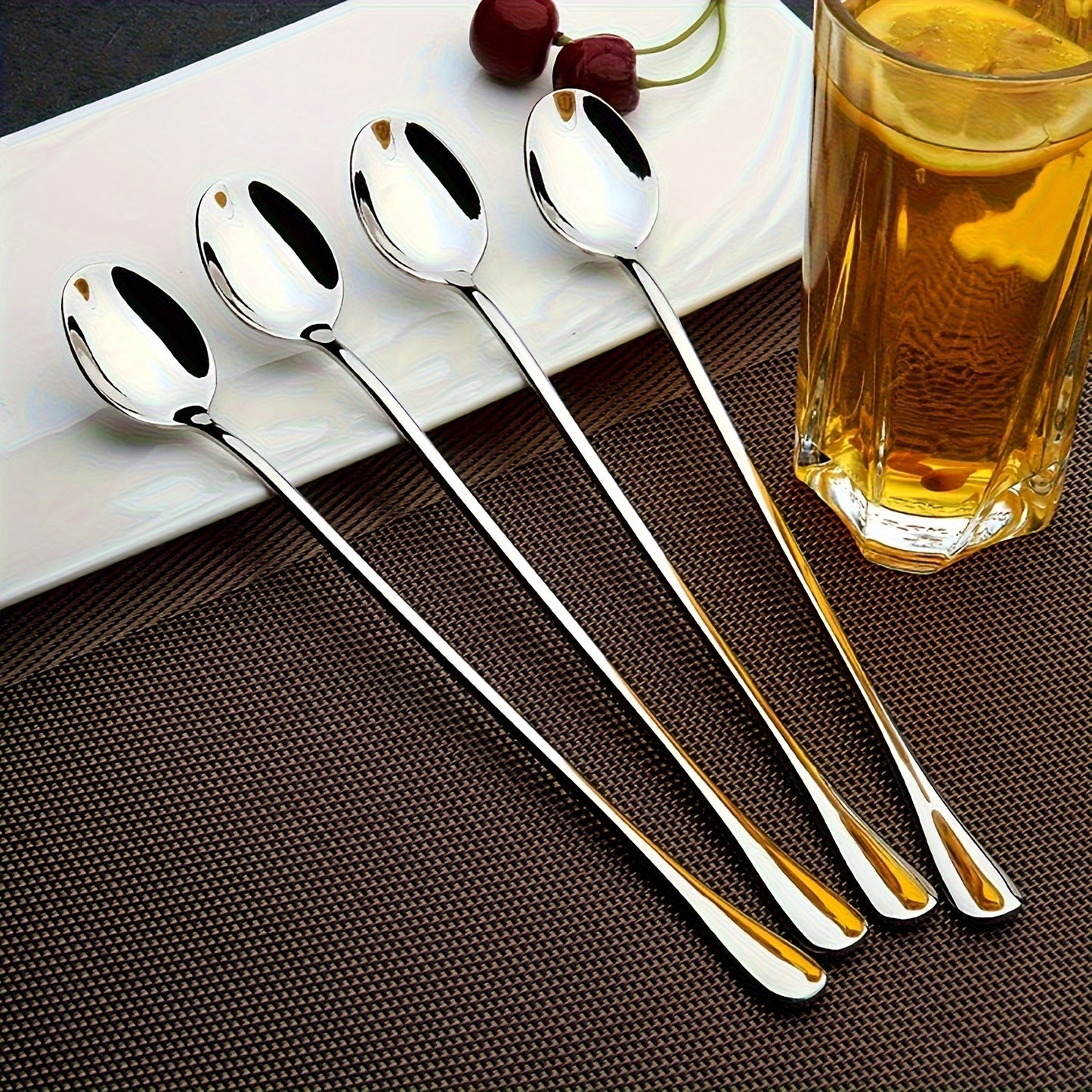 Set of 10 long-handled stainless steel spoons suitable for various uses in the kitchen and restaurants.