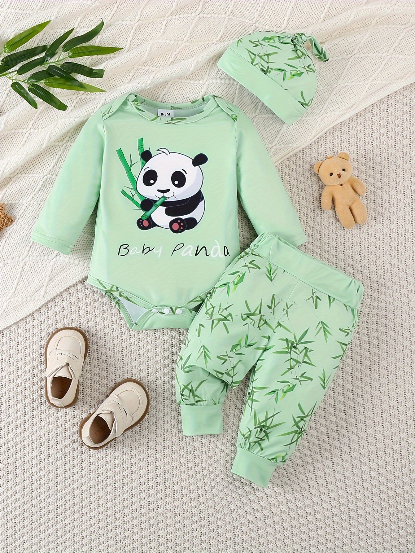 Newborn Panda Print Three-piece Set for Spring and Autumn, suitable for outdoor wear.