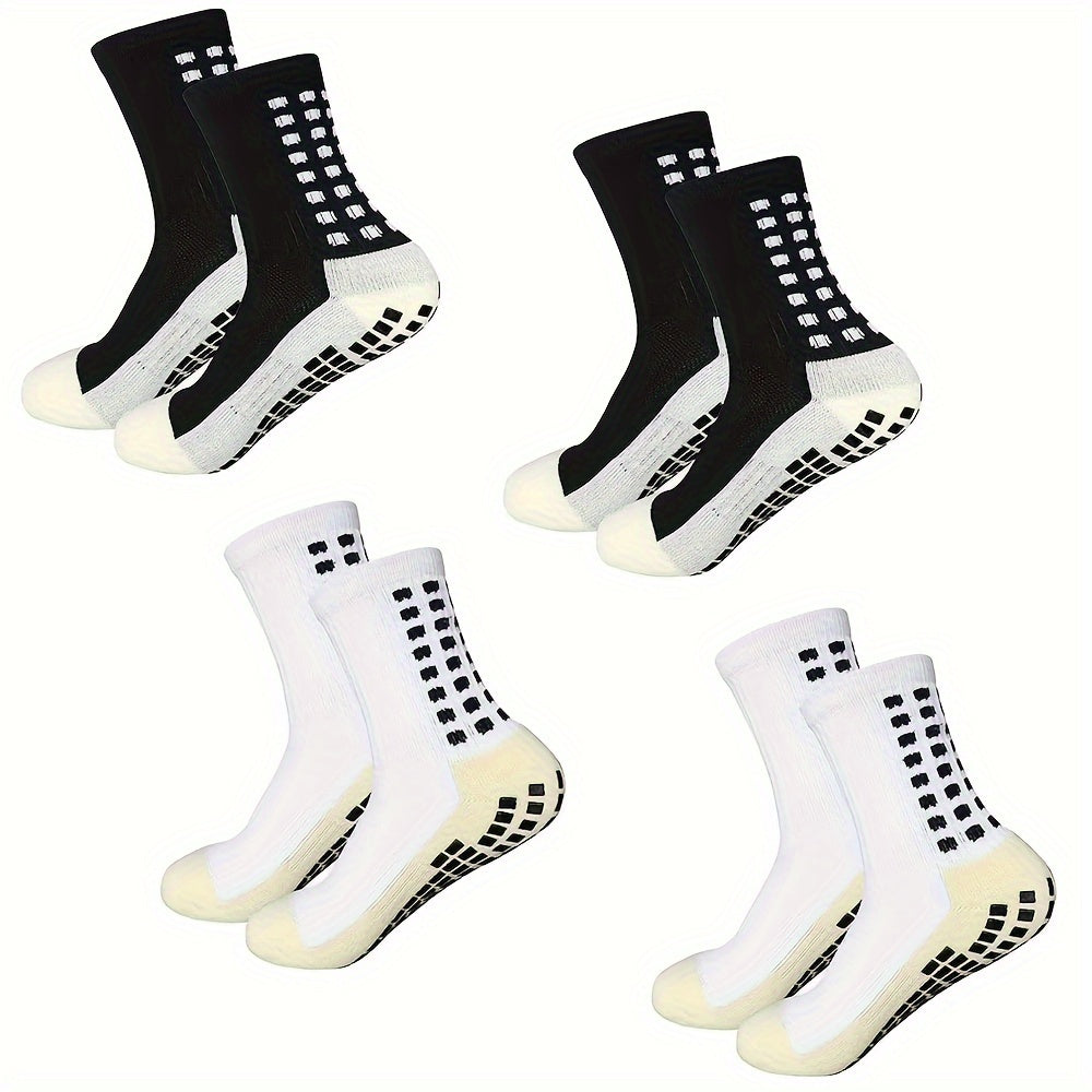 4 pairs of men's football socks made of knit polyester with terry bottom. Features include anti-smell, anti-slip, and wear-resistant properties. Machine washable and composed of 20% Spandex