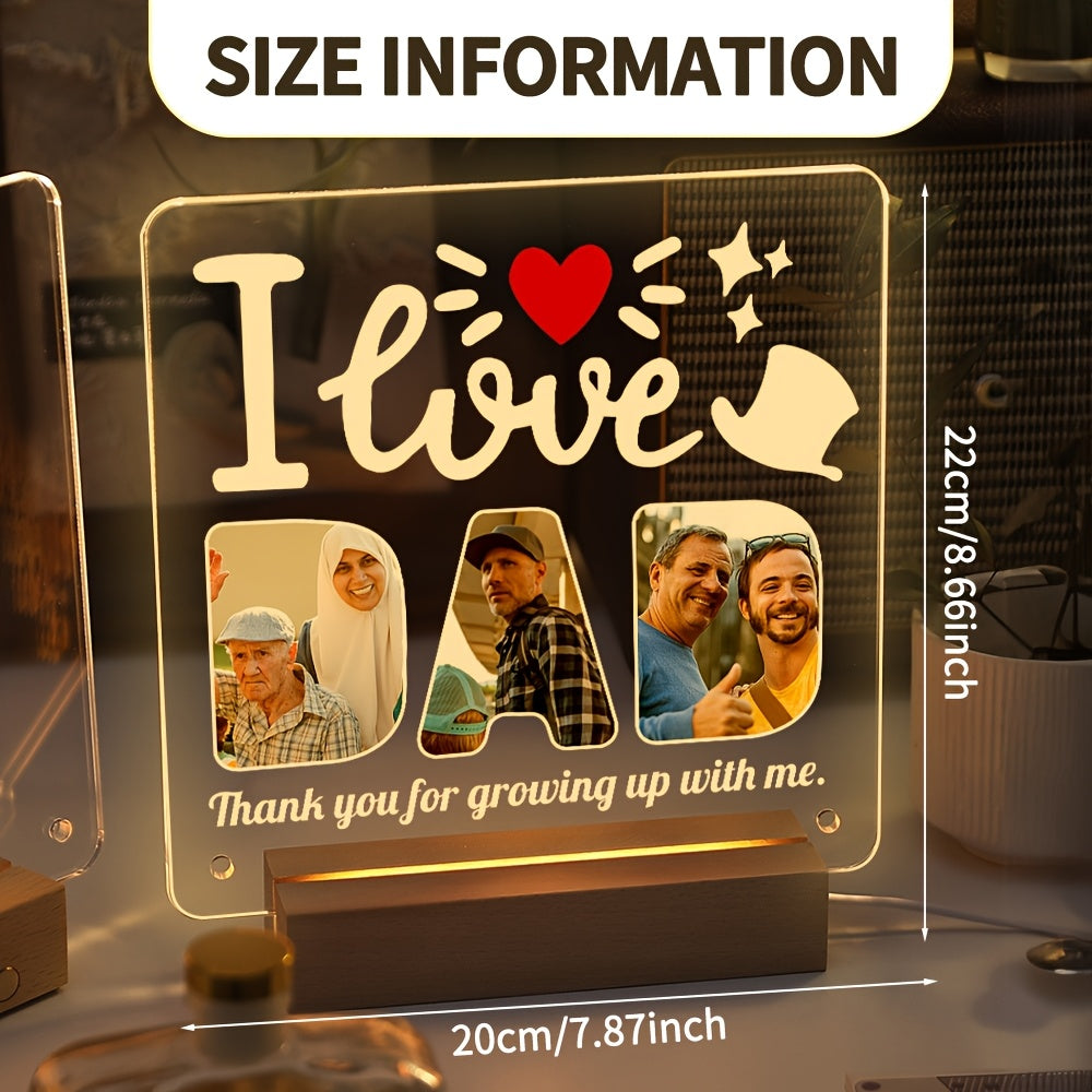 Customizable LED Light Acrylic Photo Frame featuring a Transparent Love Heart Design, perfect for any occasion like Christmas, Mother's Day, Father's Day, Pet Memorial, Anniversary, or Valentine's Day. A unique and thoughtful keepsake to display your