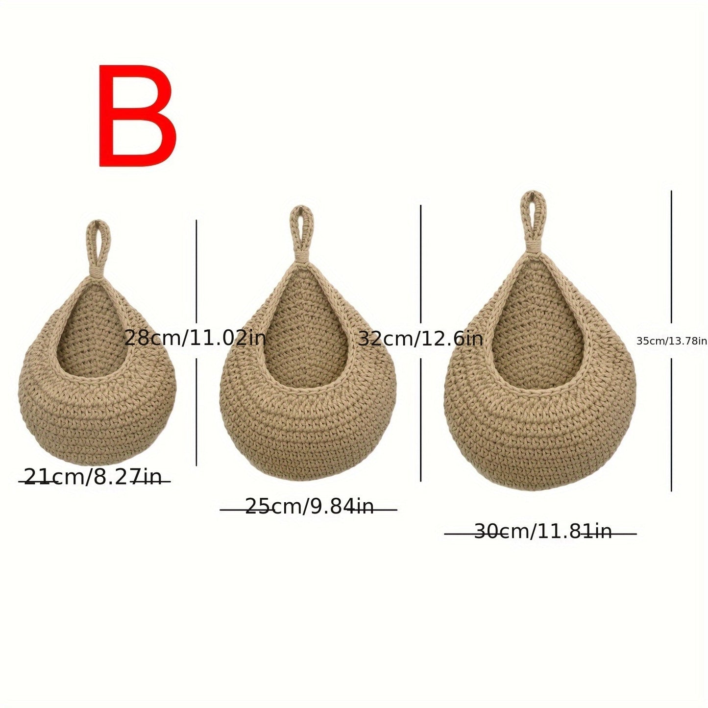 Set of 3 hanging baskets made of cotton rope and sisal crochet, featuring water drops design. This versatile storage solution can be used as a fruit, vegetable, or plant holder, or as a kitchen organizer. Hang them on the wall to save space and add a