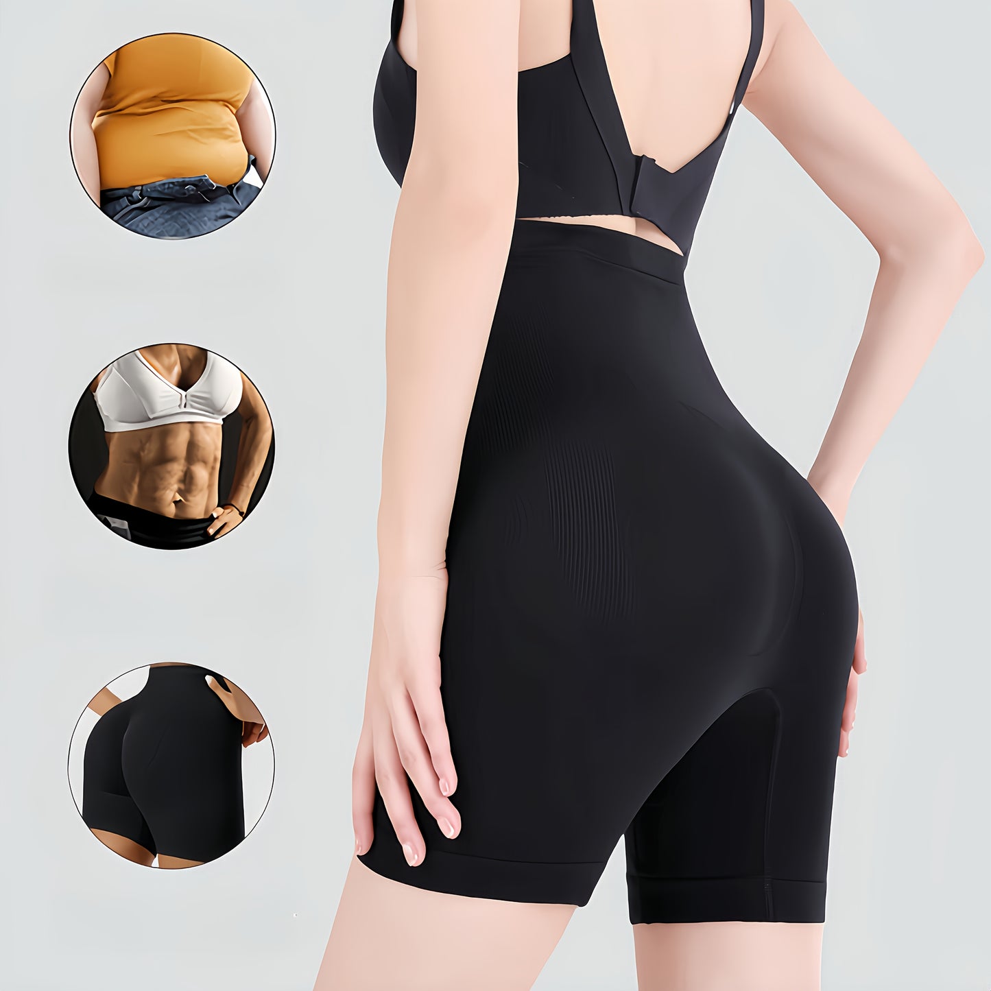 Seamless and comfortable high-waist shapewear shorts for women in black or beige. Features tummy control, butt lifting, ribbed texture, and postpartum support. Ideal for fitness or everyday