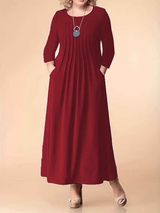 Stylish plus size dress in polyester knit with spandex, featuring a draped crew neck and fit and flare design for all seasons.