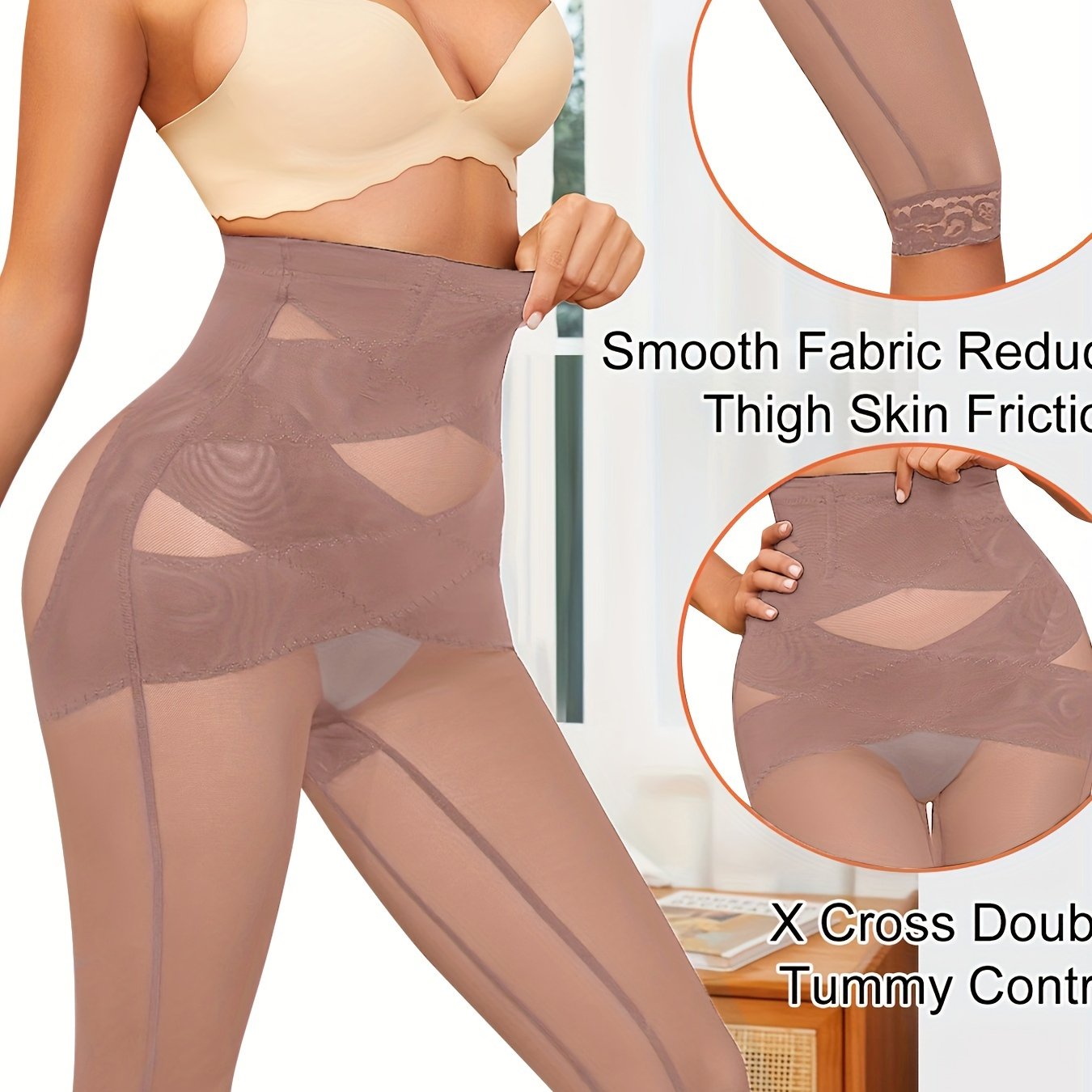 Women's high-waisted shapewear pants with semi-transparent waist, butt-lifting, random print lace design, suitable for daily wear and inner/outer wear.