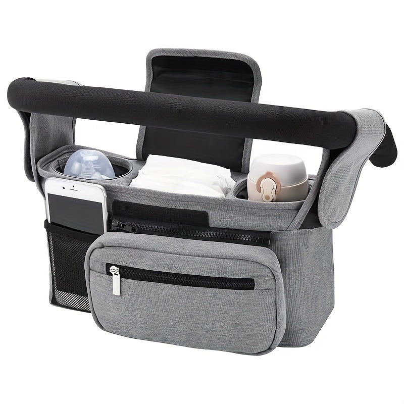 Stylish Stroller Caddy with Insulated Cup Holders, Phone Pouch & Shoulder Strap - Compatible with Uppababy, Jogger, Britax, BOB, and Many Others!