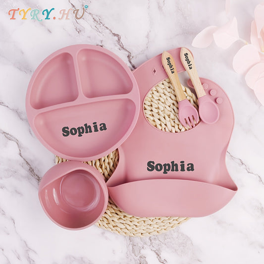 Personalized TYRY.HU Silicone Weaning Set featuring cute cartoons for little ones, comes with baby's name, made from BPA free materials. Ideal for feeding and perfect as a baby plate. Makes a great gift for baby showers, Christmas, Thanksgiving, or the