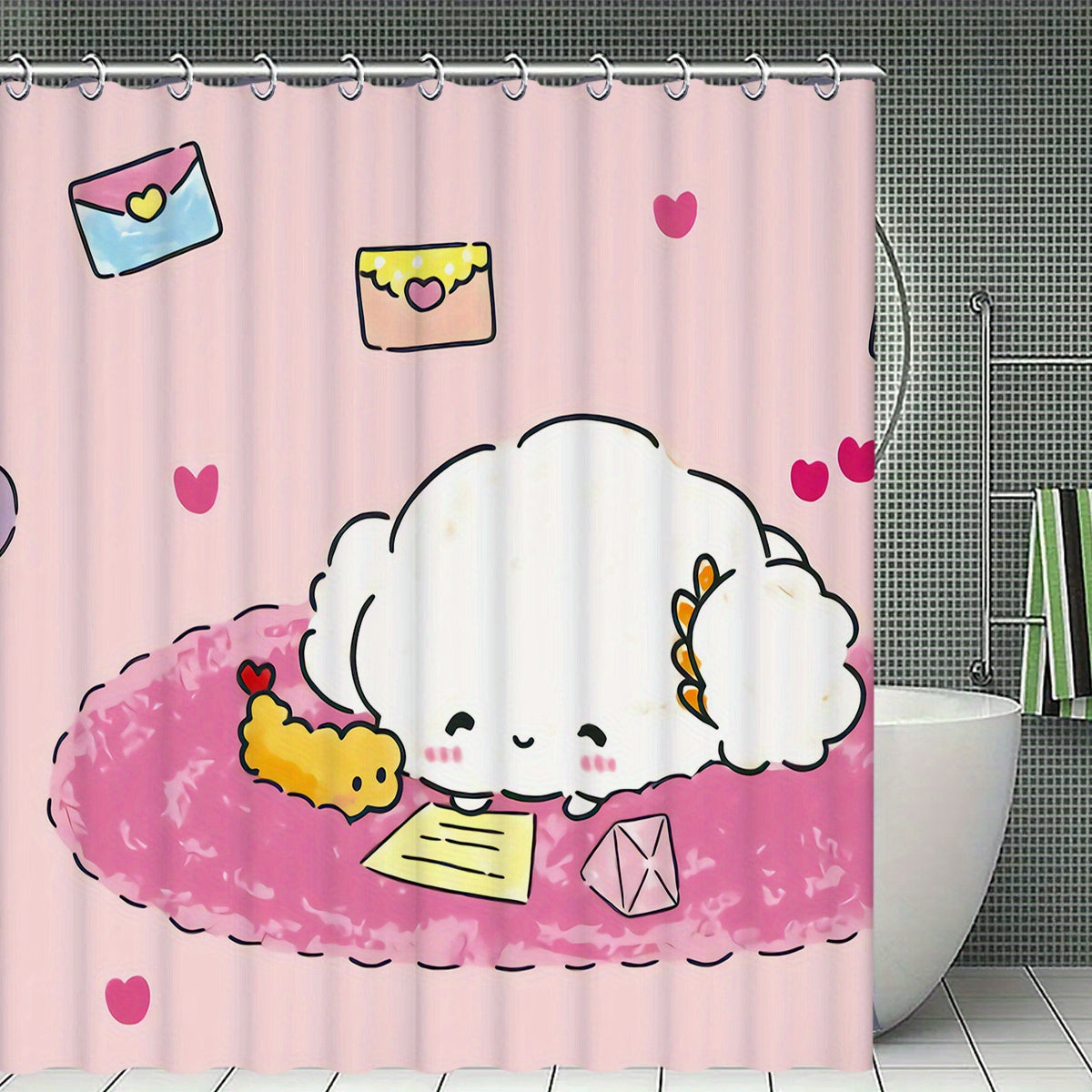 Set of 4 Cartoon Shower Curtains featuring HelloKitty, MyMelody, Kuromi, and Little Twin Stars. Includes Non-slip Carpet, Toilet Seat Cover, and Bath Mat. Perfect for Halloween and Christmas decor. Made from Waterproof Polyester Knitted Fabric. Comes