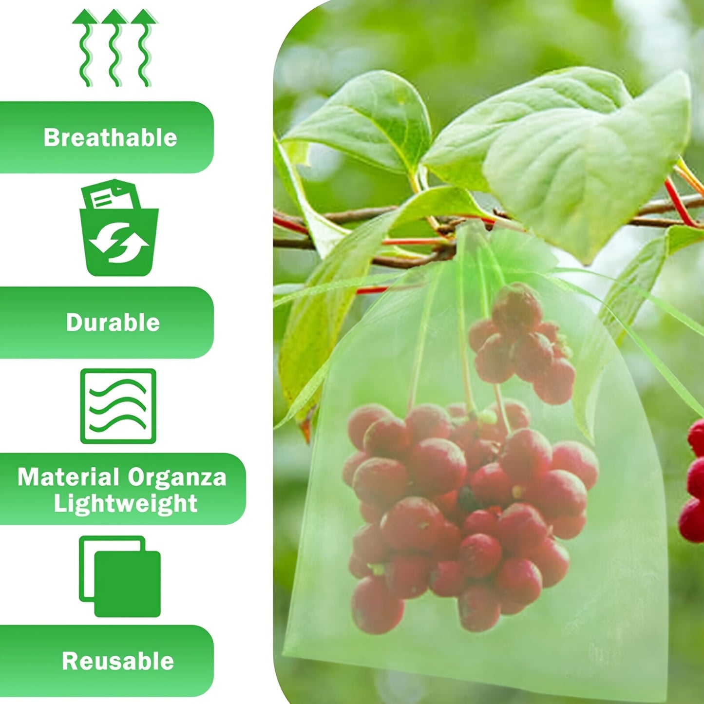 100 green garden netting bags with drawstring for pest protection and plant growth control in fruits and vegetables.