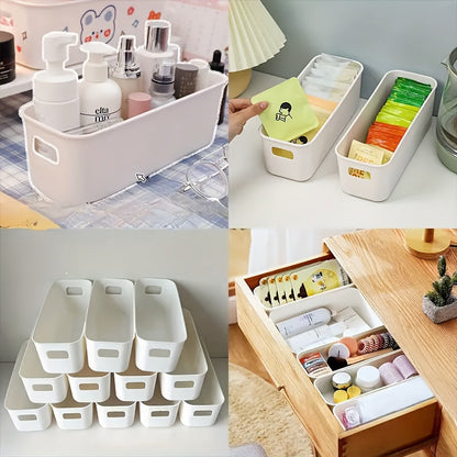 A pack of 5 sturdy plastic storage boxes with handles that can be stacked, perfect for various uses in the office, home, or wardrobe. These versatile containers are ideal for organizing socks, underwear, stationery, cosmetics, and more, and their