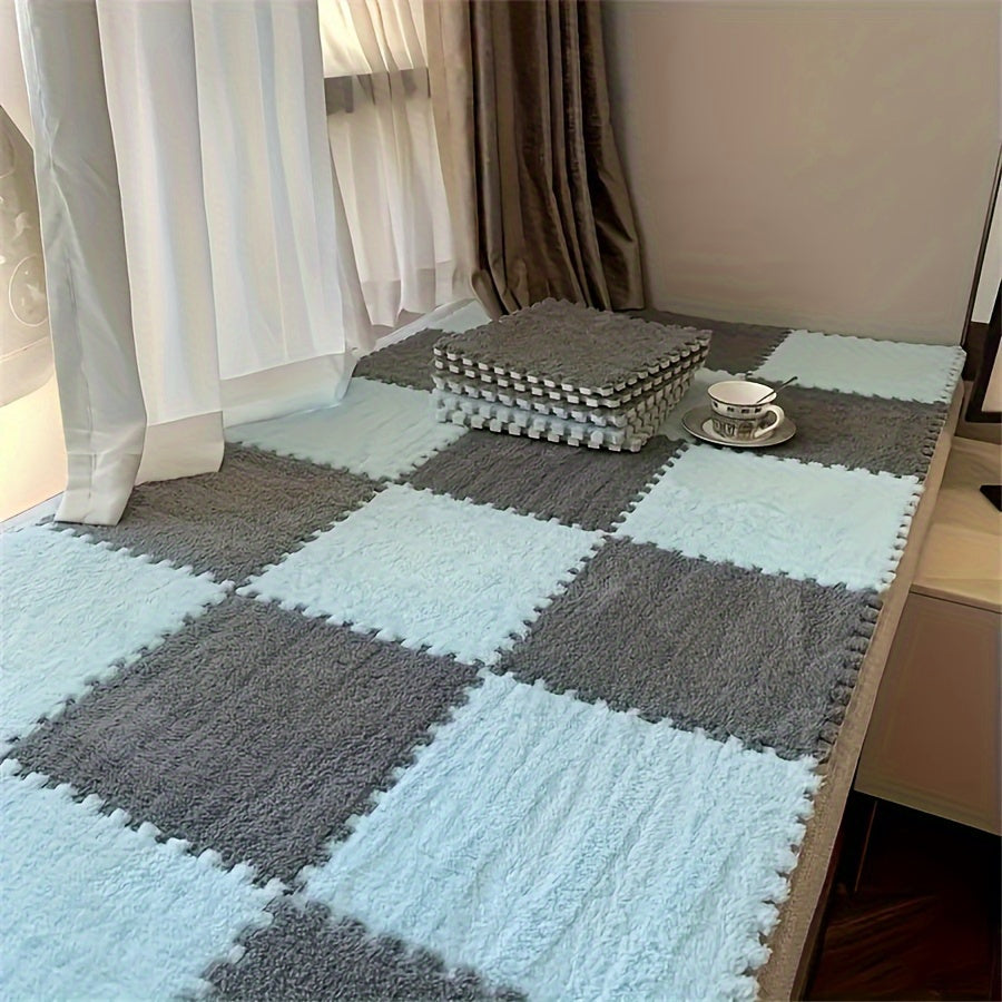 Soft and fluffy area rug set consisting of 36 plush interlocking foam tiles. Hand washable and machine made with polyester and EVA materials. Non-slip modular carpet perfect for living room or bedroom. Each tile measures 29.97 x 29.97 cm.