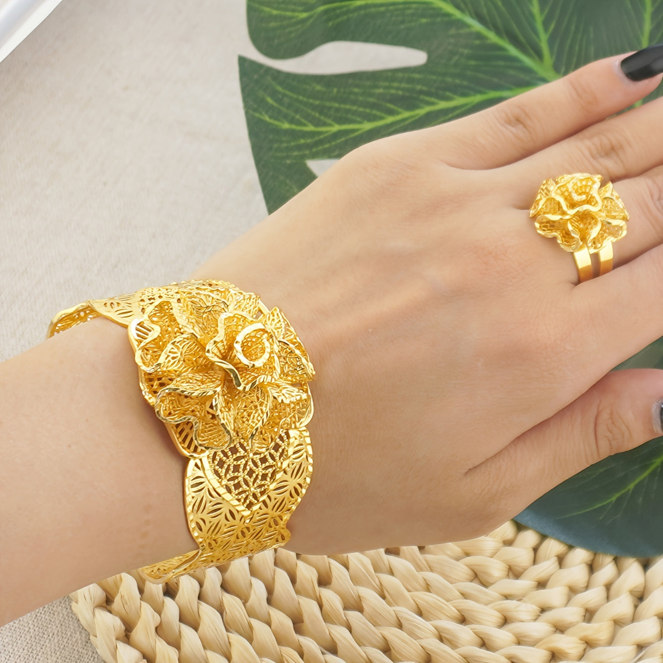 Boho Vacation Style 24K Gold Plated Copper Flower Cuff Bracelet and Ring Set - Elegant Wedding Bridal Jewelry Set for Women, Perfect Gift for Mardi Gras and All Seasons