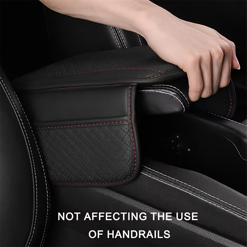 PU Leather Car Armrest Cushion with Memory Foam, Dual Storage Pockets, Elbow Support Pad, Anti-Scratch, Wear-Resistant, Breathable Design, Interior Accessory.