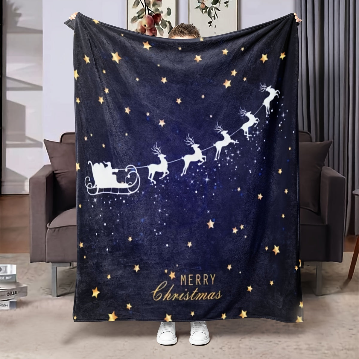 Soft and plush Cozy Reindeer Print Christmas Throw Blanket, perfect for all seasons. Ideal gift for youngsters and adults, perfect for bed, sofa, or chair. Add a festive touch to your living room decor.