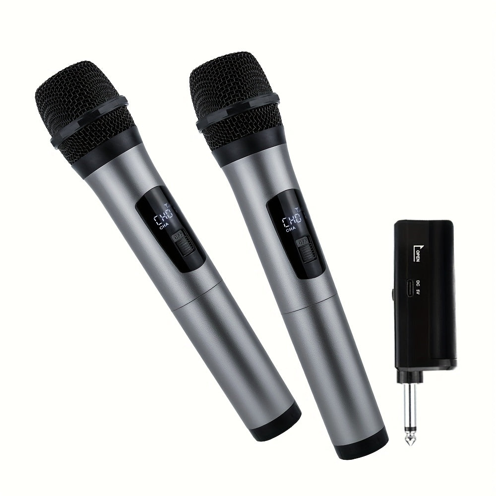 Heikuding Wireless Karaoke Microphone with USB rechargeable lithium battery, 6.35mm jack, one-way polar pattern, small diaphragm, clip and stand features for versatile use.