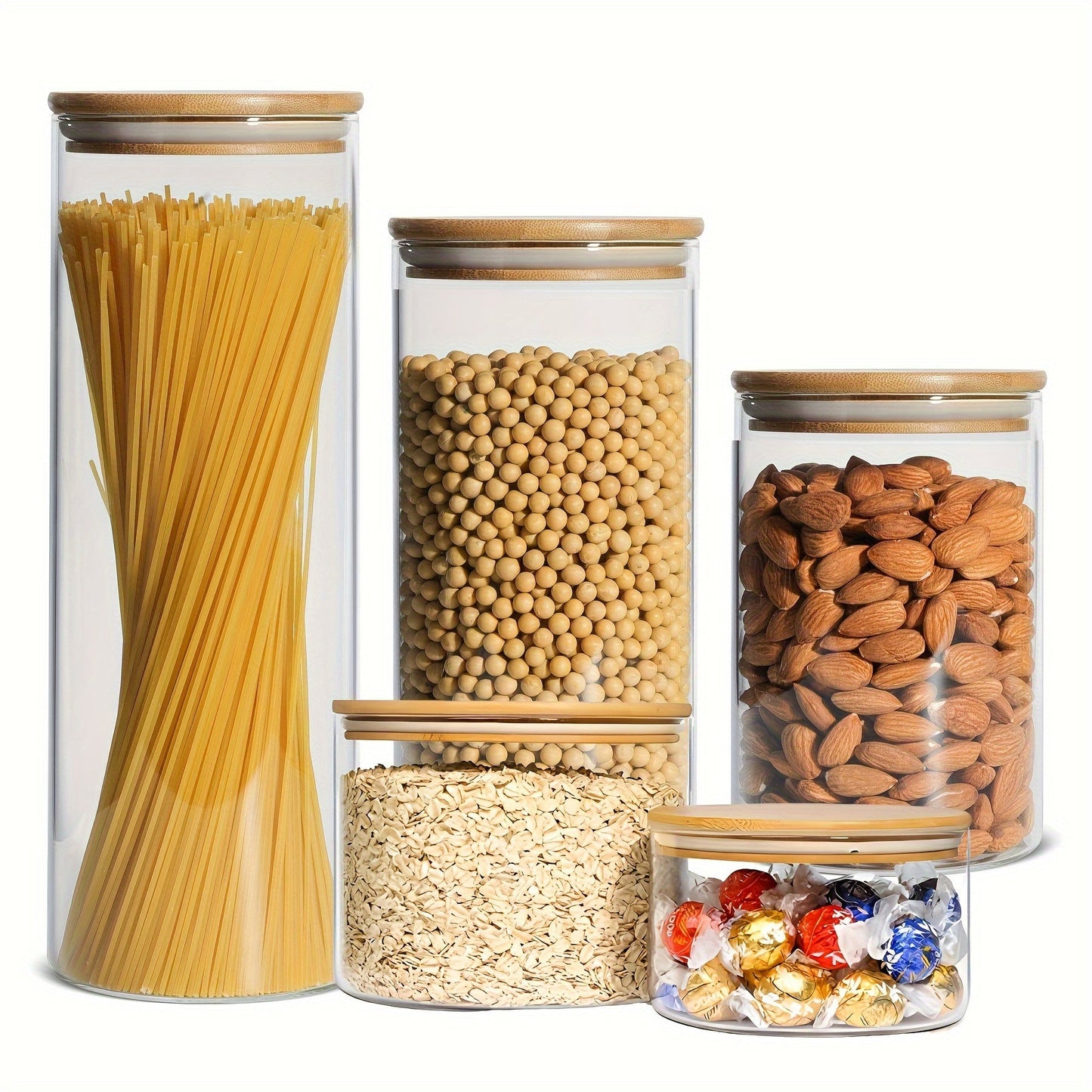 Set of 5 glass food storage jars with bamboo lids, perfect for storing dry goods such as pasta, tea, and nuts. These airtight kitchen canisters are made from high borosilicate glass with a large capacity. No electricity is needed to use these food-safe