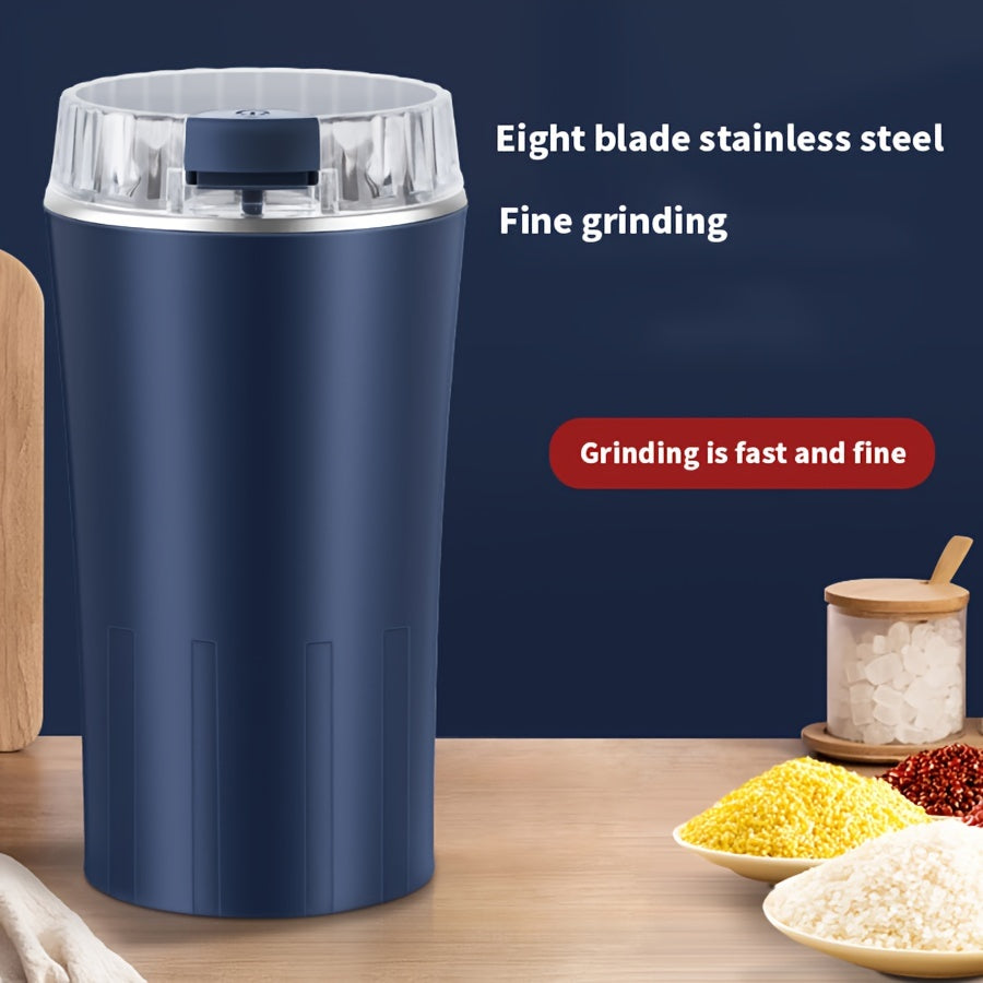 Compact electric coffee grinder with 80-gram capacity for dry grinding.