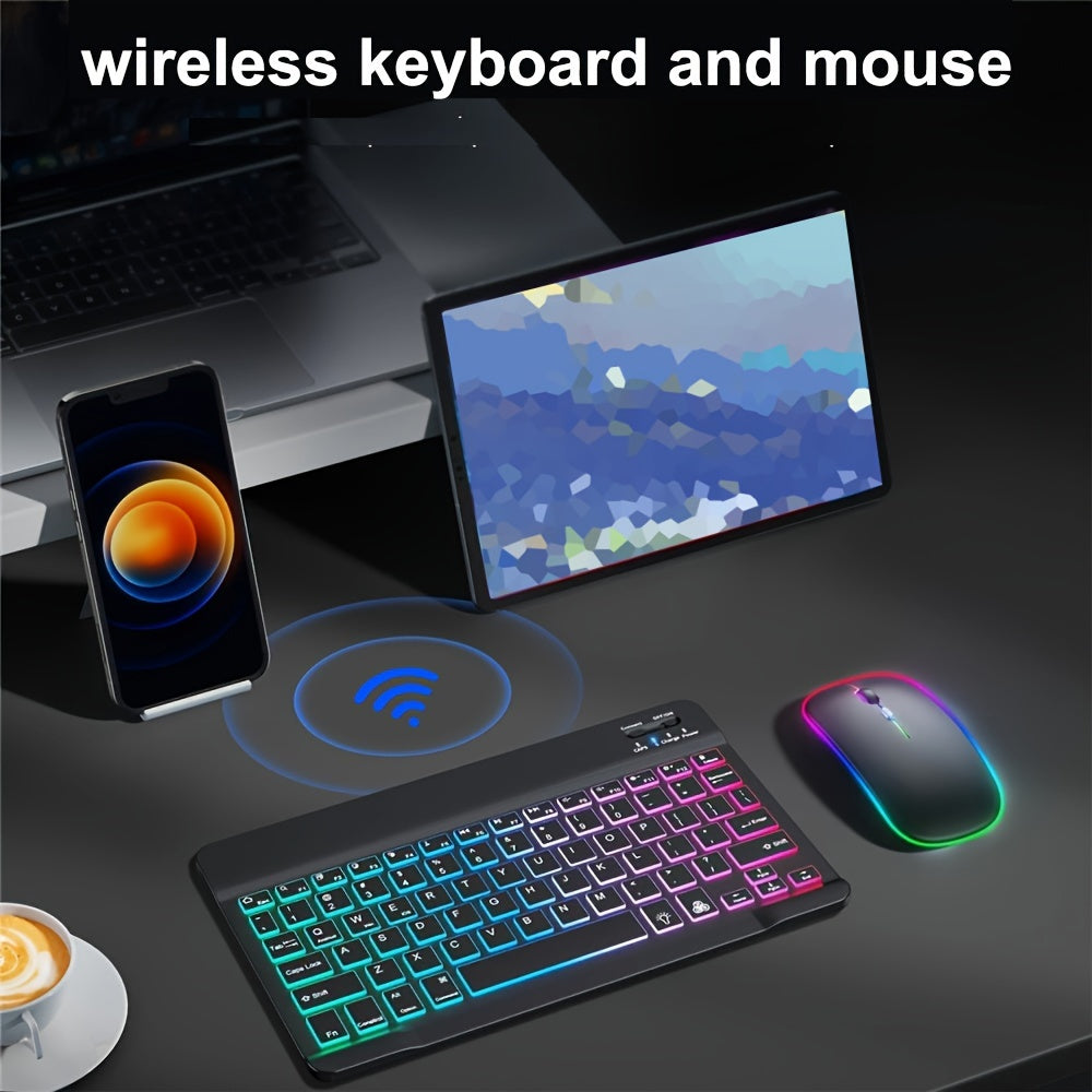 Ultra-Slim backlit wireless keyboard and mouse set with rechargeable battery, type-C charging, and tablet compatibility in English layout.