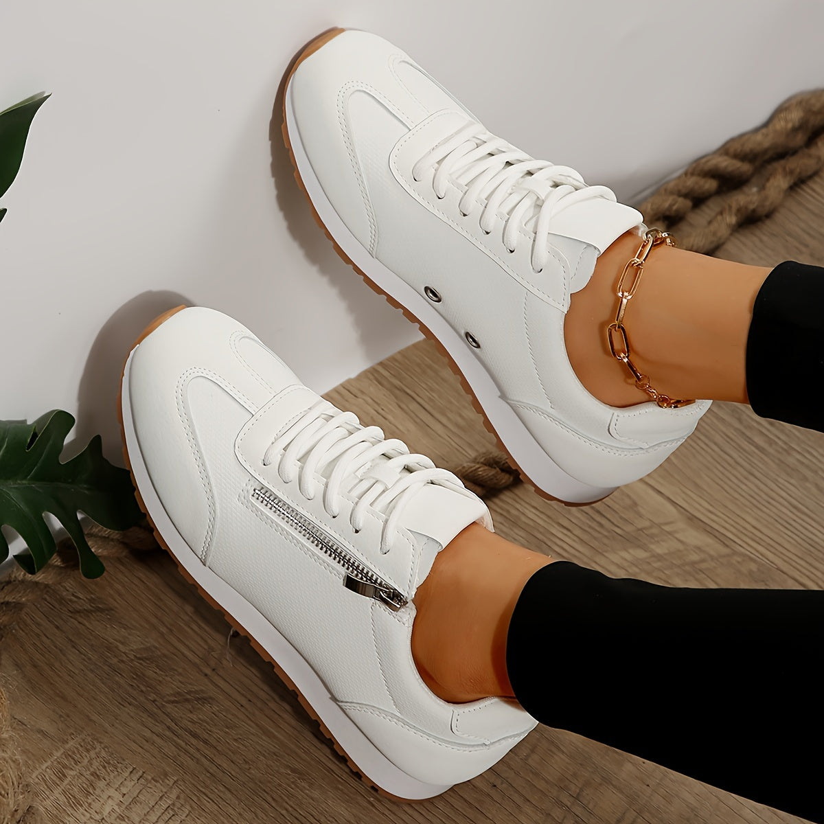 White zipper fashion sneakers, lightweight and comfortable sports shoes.