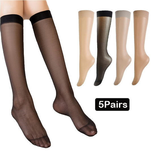 5 pairs of comfortable and breathable solid semi-sheer socks for women.