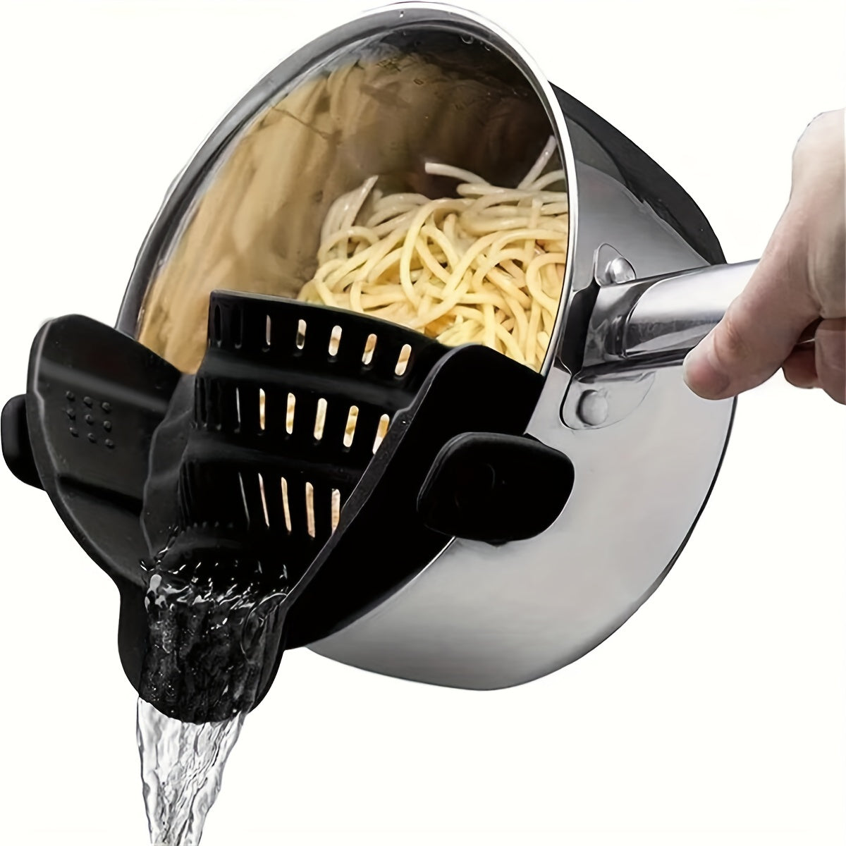 Adjustable clip-on strainer for pots and pans, made of plastic. Perfect for straining pasta, meat, vegetables, and fruit. An essential kitchen colander accessory.