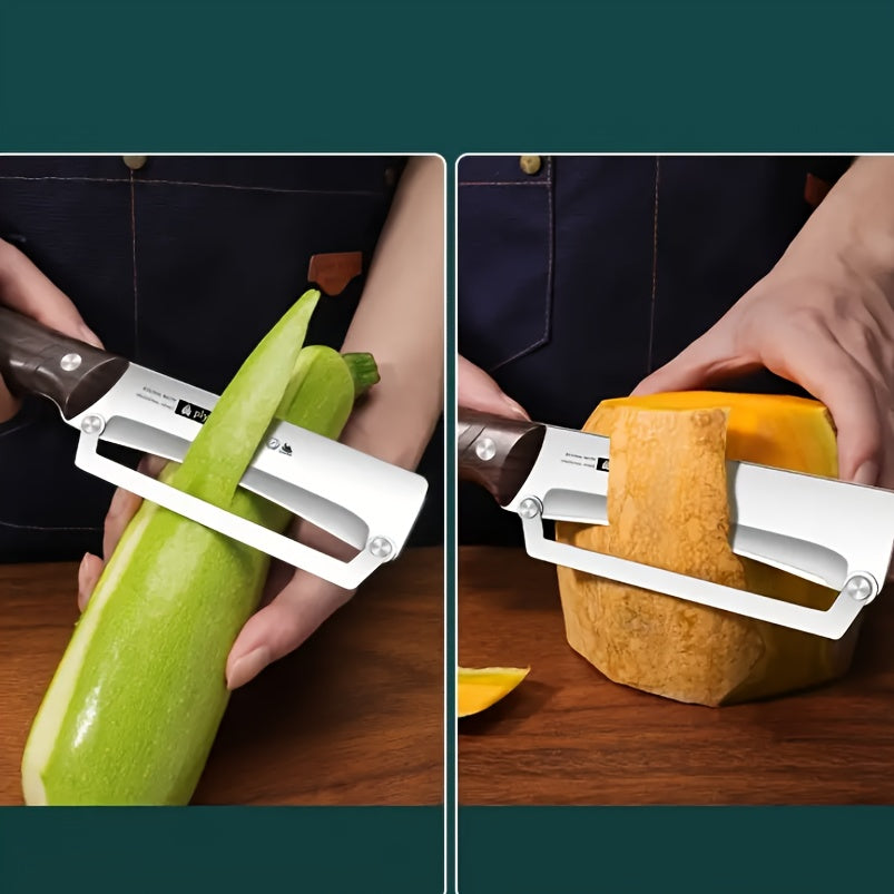 Forged stainless steel paring knife with wooden handle for various fruit peeling tasks.