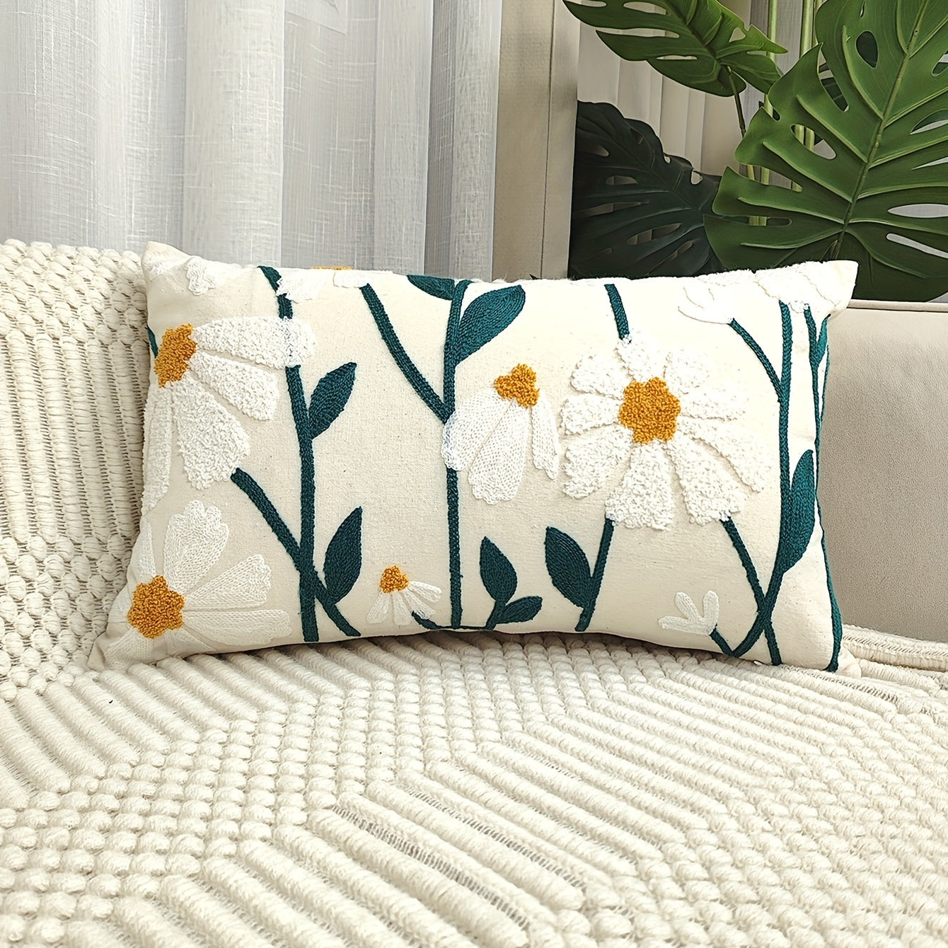 1pc Daisy floral embroidered pillow cover for sofa, living room décor, without insert.