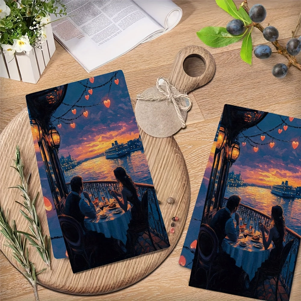 This set includes 2 ultra-soft kitchen towels with the artwork of a couple enjoying a dinner cruise. The scene depicts them dining at a table with a beautiful view, dancing to music, and surrounded by heart-shaped lights on the ship's railing. These