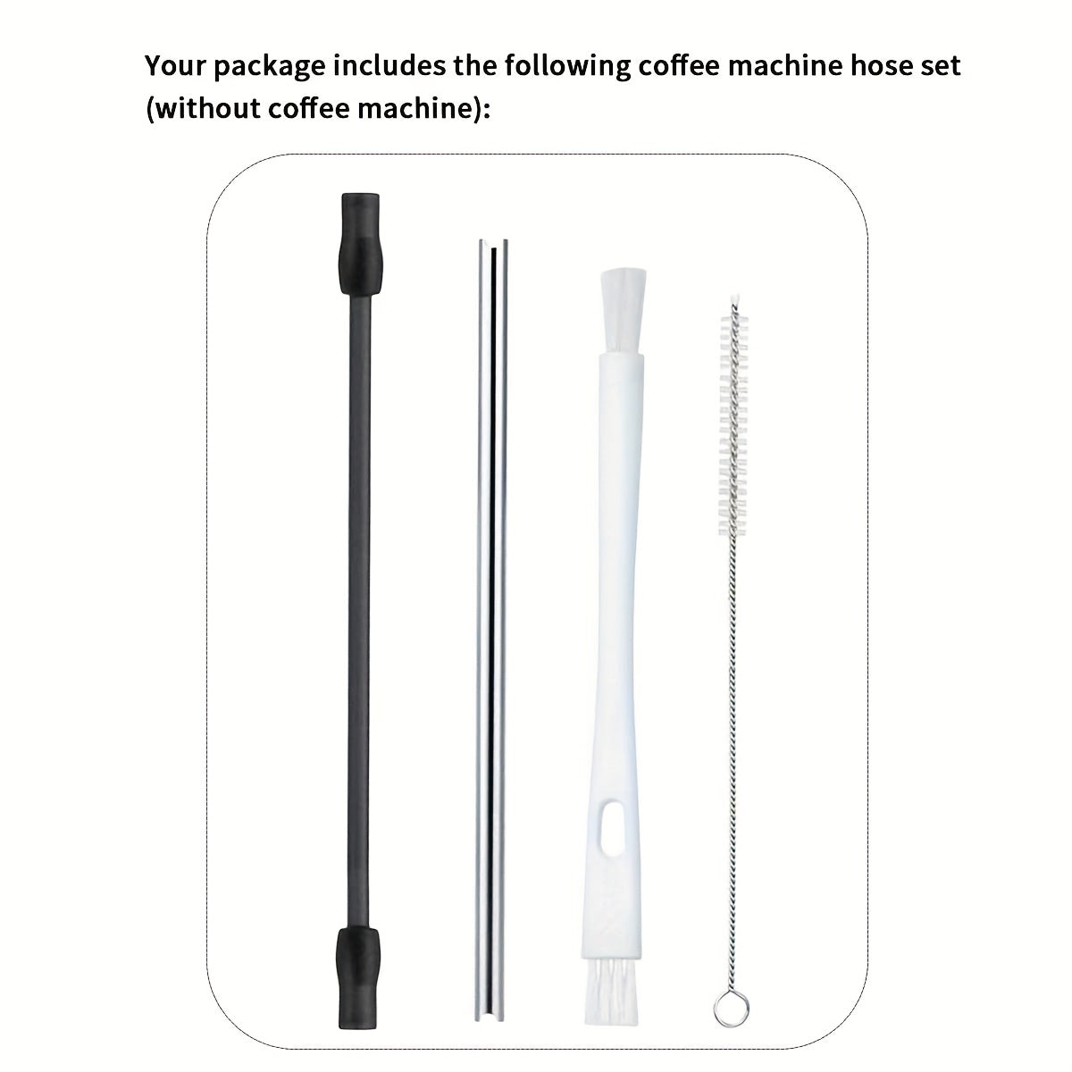 The Stainless Steel Milk Hose Set for Fully Automatic Coffee Machines includes 2 Cleaning Brushes and is compatible with EQ6 and Veroaroma models.