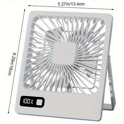 Portable desk fan with battery power, USB charging. 1800mAh tilt folding personal fan, with 180° ultra wide angle. Features 5-speed ultra-quiet operation with power display. Ideal for home, office, and travel use.