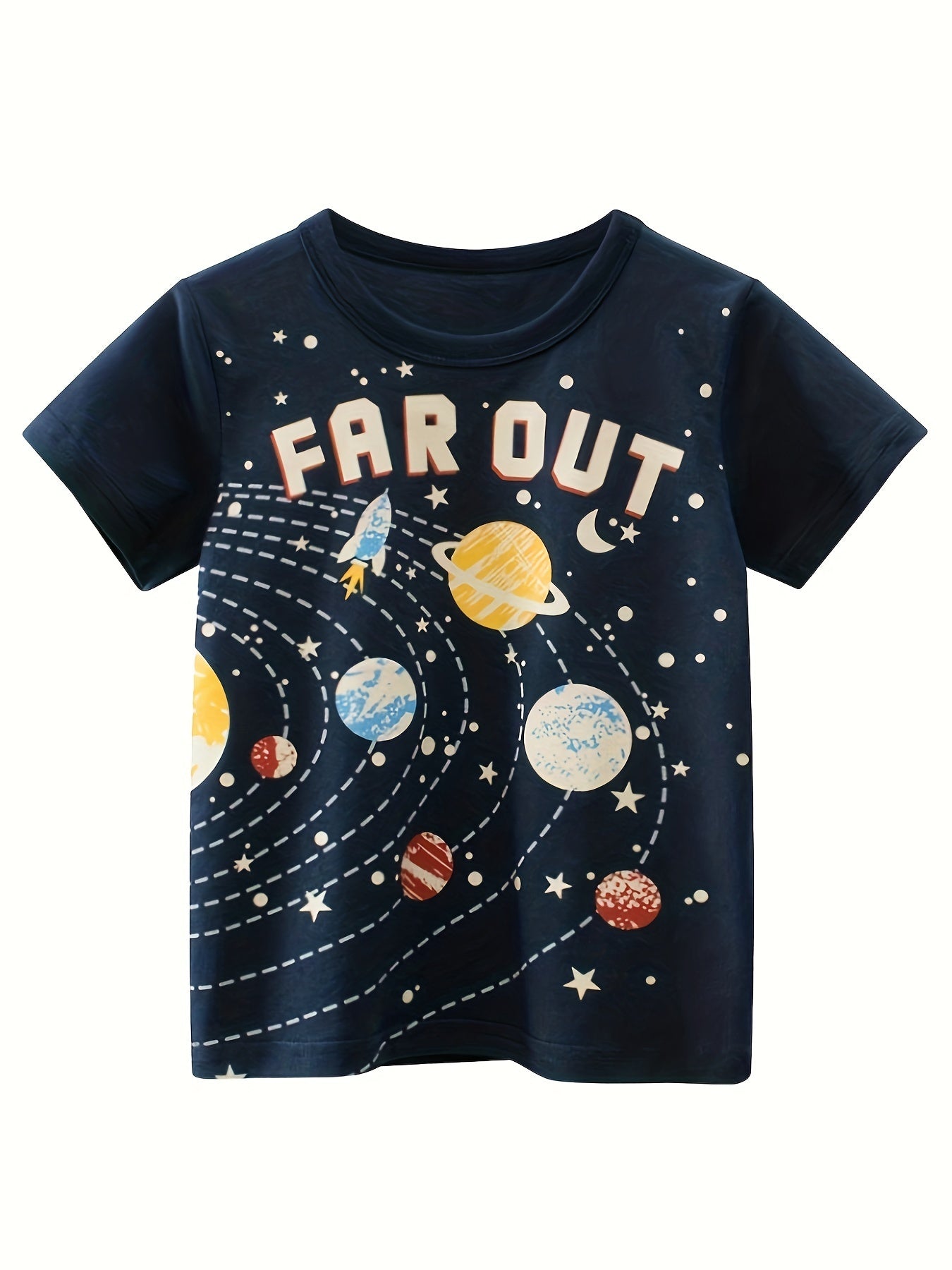 Four summer cotton t-shirts for boys in navy, beige, and blue featuring cartoon excavator and far out prints. Soft and breathable youngsters' clothing.