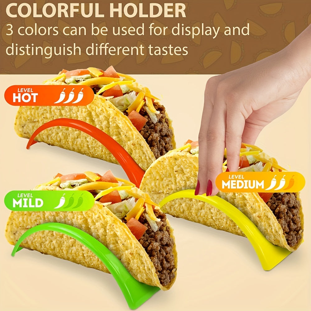 Taco holder set includes 3, 6, 12, and 18pcs, colorful and reusable. Can also be used as pancake rack or tortilla holder. A handy kitchen gadget.