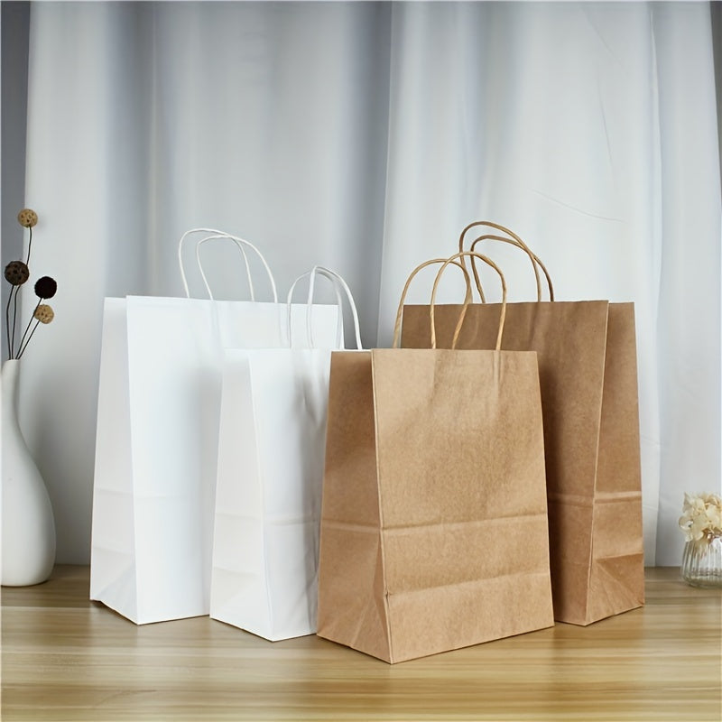 White Kraft Paper Tote Bags with Handles - Set of 100, Ideal for Food Take Out, Gift Wrapping, Kitchen Essentials, and Home Organization