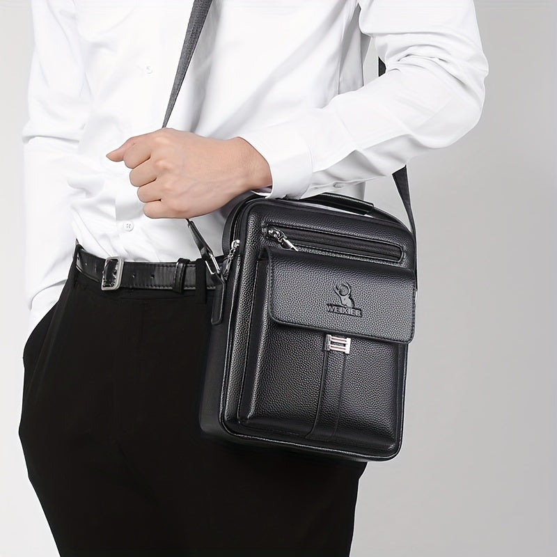 WEIXIER Men's Vintage Business Casual Shoulder Bag in Black, with Multiple Compartments and Zippered Pockets. Compact and secure for everyday use.