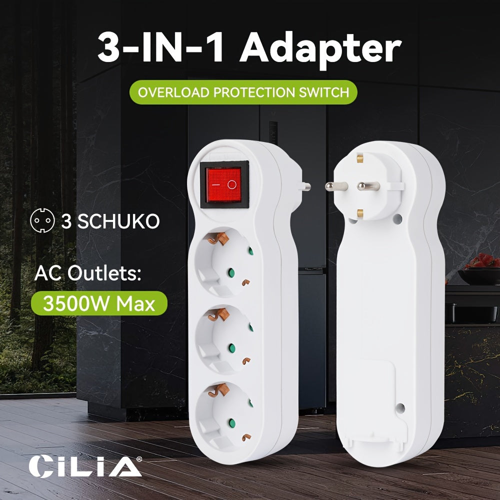 CILIA European Standard Wall Outlet with Switch: Shock-proof, 3500W power, overload protection, portable for home and office use in white color.