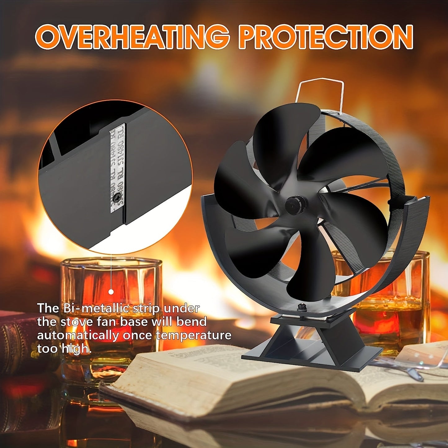 Introducing the EFGHONG Heat Powered Wood Stove Fan - a 6 blade aluminum table fan designed for efficient air circulation. This portable, no-electricity accessory features a brushed finish and multiple components for easy use with your fireplace.