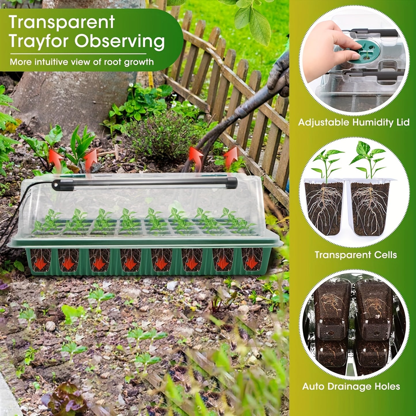 Seed germination kit with 4 trays, high dome, 160 cells, 8 LED lights, timer, 3 modes for home gardening and indoor greenhouse seedlings.