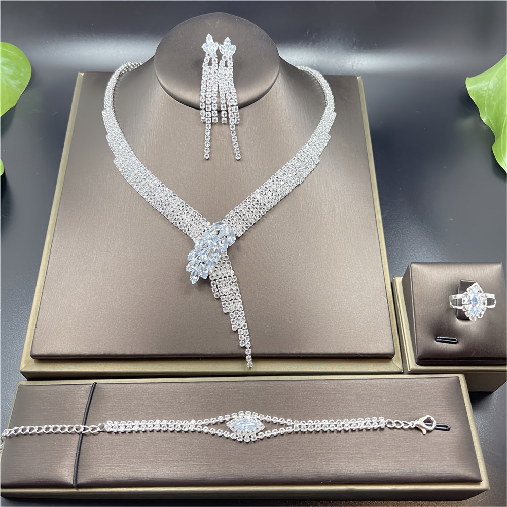 Extravagant 4-piece Rhinestone Tassel Jewelry Set - Includes Necklace, Earrings, Bracelet, and Ring - Ideal for Special Events and Formal Occasions