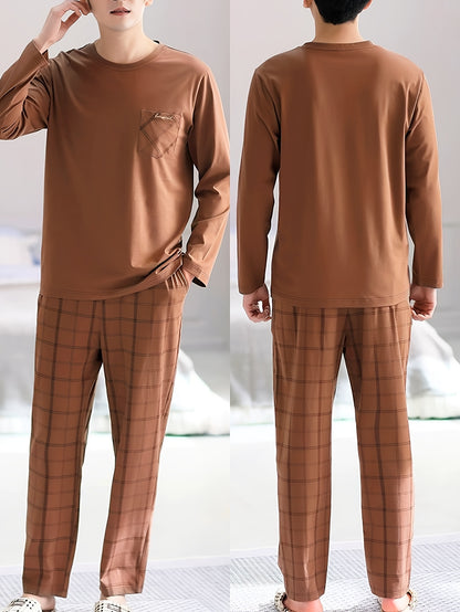 QIANNIANMA men's casual pajama set features a long-sleeve, round neck top and plaid pants with pockets. Made from a stretch polyester blend, it is machine washable and perfect for