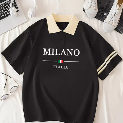 Milano Italy Graphic Polo Shirt for Women, Y2K Fashion Casual Tee, Polyester 95% Spandex 5% Knit Fabric, Geometric Pattern, Casual Sportswear