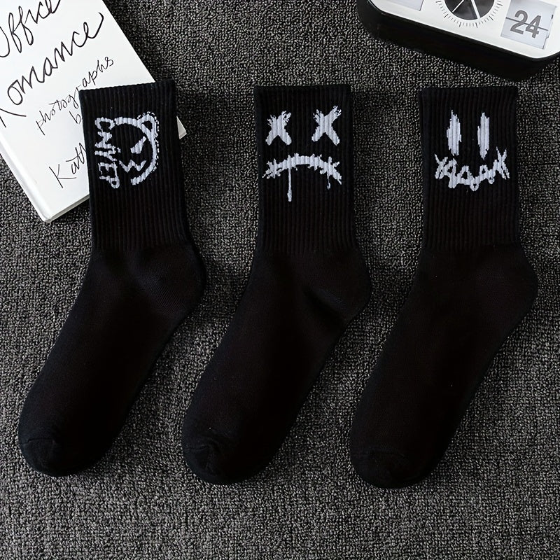 Men's trendy graffiti crew socks, 3/5/8/10 pairs, breathable and comfy for outdoor wear