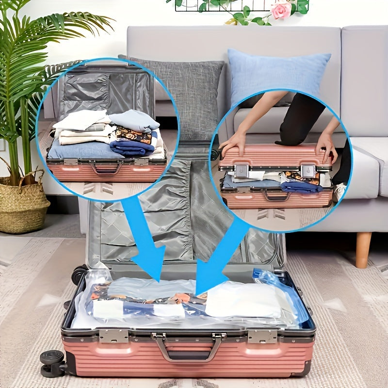 Pack of 6 Vacuum Storage Bags with a Manual Pump for Portable Plastic Travel Clothes Storage. Perfect for Blankets, Bedding, Clothes, Quilts and are a Must-have for Home Organization. Save Space with these Storage Bags.