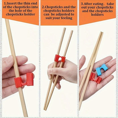 Pack of 4 beginner chopstick holders, lightweight and non-slip. Suitable for adults and learners, made of reusable plastic material. Dishwasher safe and no electricity required.