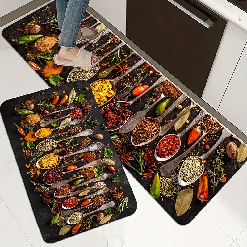 1 piece of Spices and Cutlery Patterned Mat for the Kitchen - Non-slip Kitchen Floor Rug, Home Decor and Room Decoration